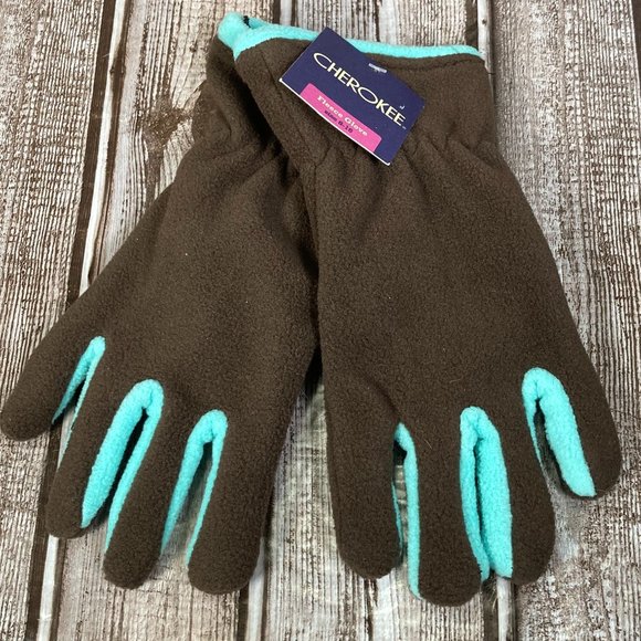 CHEROKEE Youth Girls 8-16 Brown Aqua Fleece Winter Gloves 100% Polyester NWT NEW - Picture 1 of 3